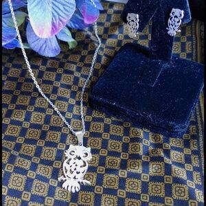 Silver Stainless Owl Necklace Earrings Set